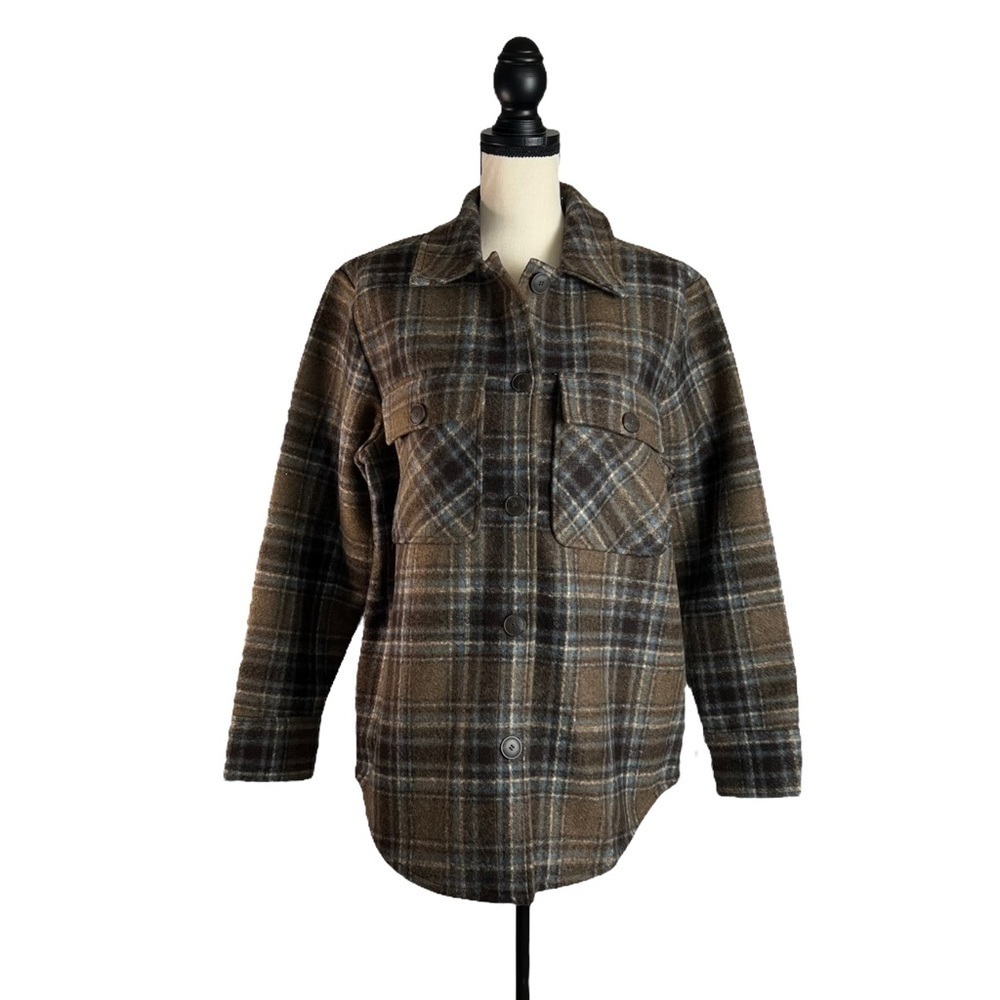 Treasure Bond Plaid Shacket Jacket Brown Blue Button Front Flannel Coat Medium
